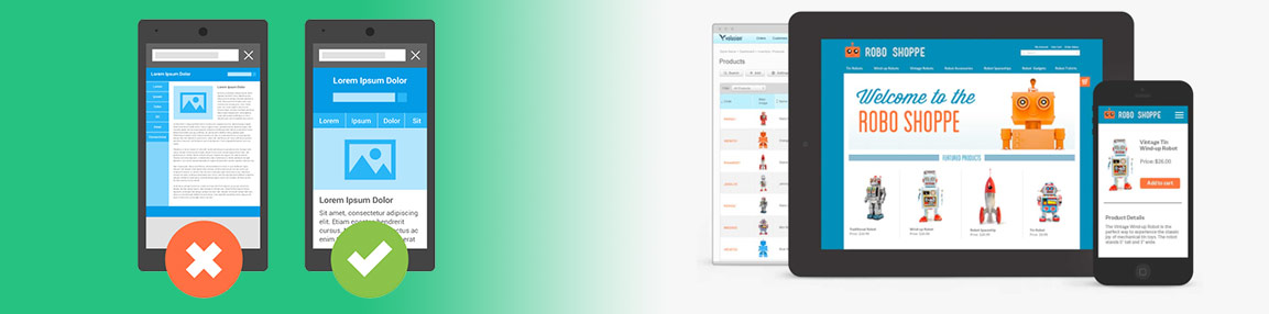 ecommerce mistakes bad design Robo Shoppe homepage on a tablet and mobile device.