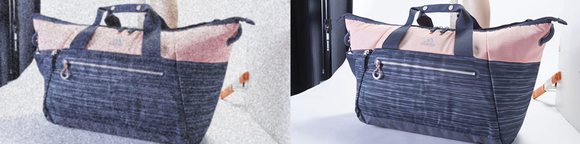 ecommerce mistakes imagery Two images of a grey & pick adidas bag. One good quality, the other poor quality.