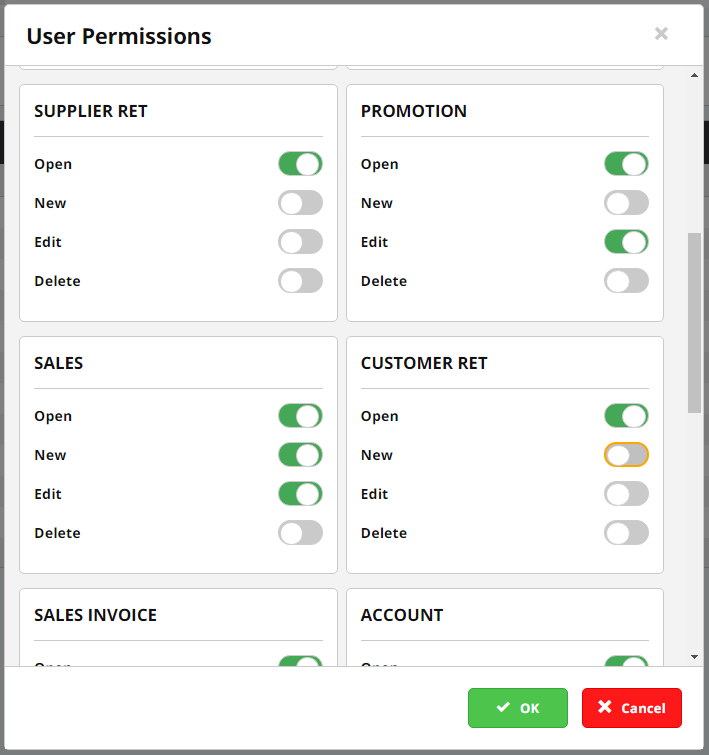 User permissions tab in cloud erp opening balances User permissions screen in cloud erp opening balances.