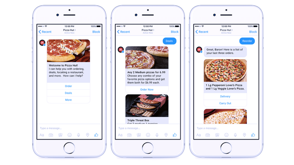 Chatbots in retail are what customers want Three phones showing messages from Pizza Hut.