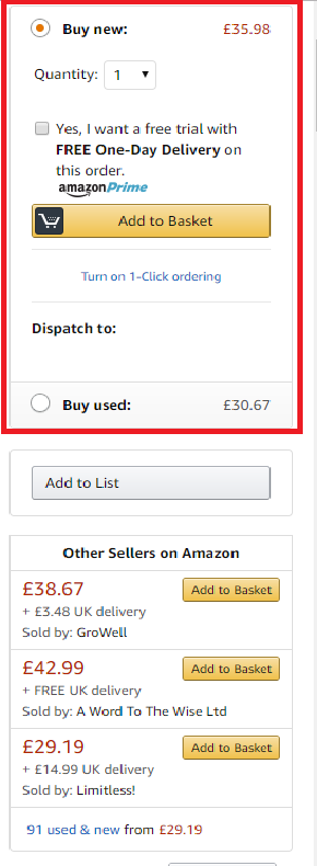 A screenshot of the options for buying a product on Amazon