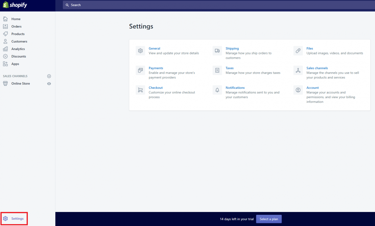 settings within the shopify dashboard