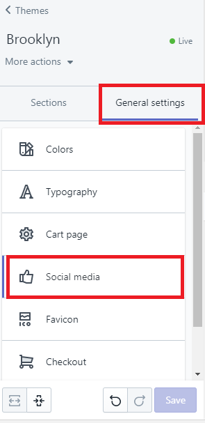social media settings within shopify