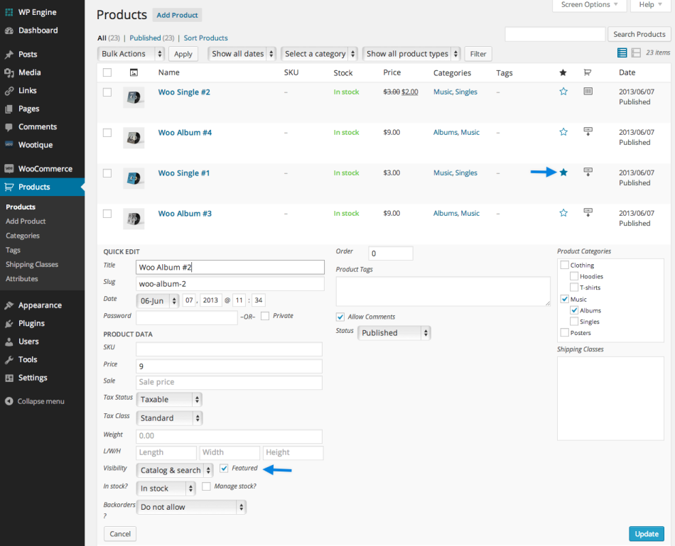 Creating Products in WooCommerce - Mark as Featured A screenshot showing how to mark a product as a favourite in WooCommerce