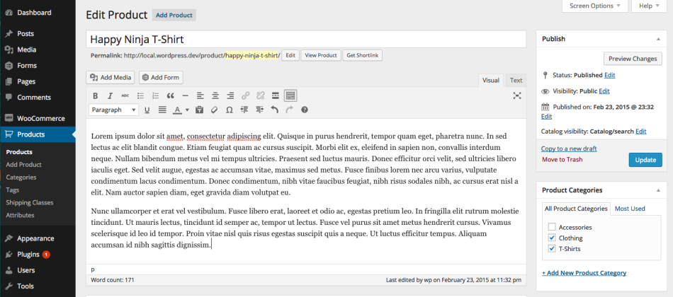 Creating Products in WooCommerce - Edit Product A screenshot of the product editing screen for WooCommerce in WordPress