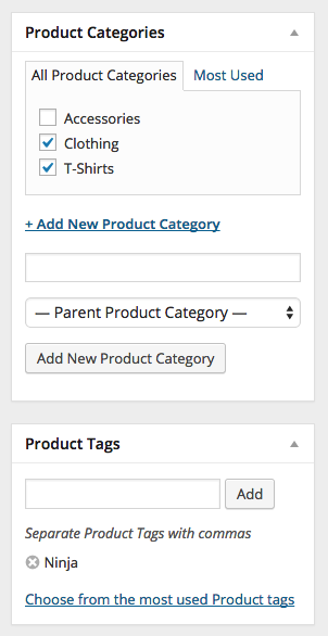 Creating Products in WooCommerce - Product Images A screenshot of the product category options in WooCommerce