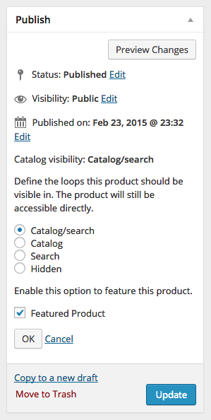 Creating Products in WooCommerce - Product Images A screenshot of product publishing options in WooCommerce
