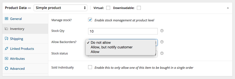 Creating Products in WooCommerce - Simple Product A screenshot of some of the Inventory options for products in WooCommerce