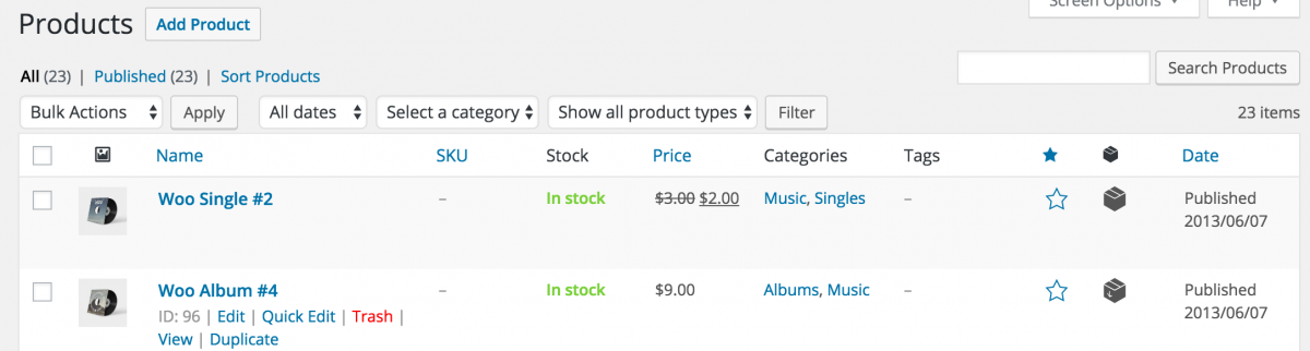 Creating Products in WooCommerce - Deleting a Product A screenshot of products listed in the WordPress CMS, showing how to delete a product