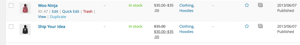 Creating Products in WooCommerce - Duplicating a Product A screenshot of products listed in the WordPress CMS, showing how to duplicate a product
