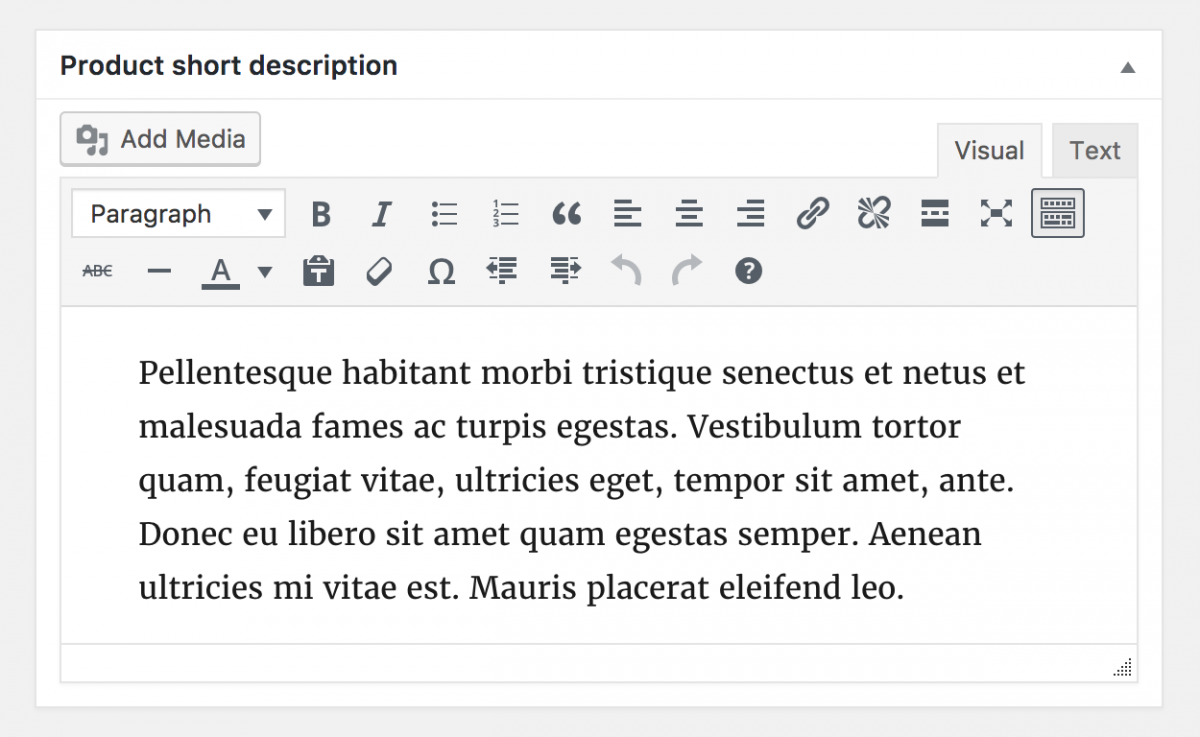 Creating Products in WooCommerce - Taxonomies A screenshot of the product short description editor in WooCommerce