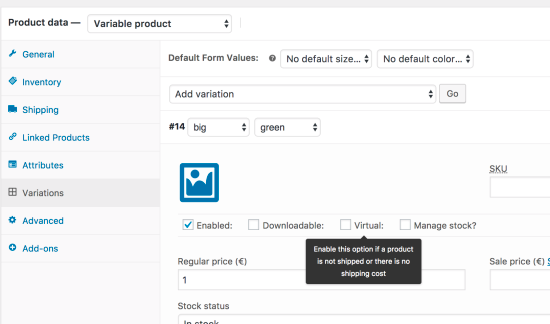 Creating Products in WooCommerce - Variable Virtual A screenshot of setting up virtual variations in WooCommerce