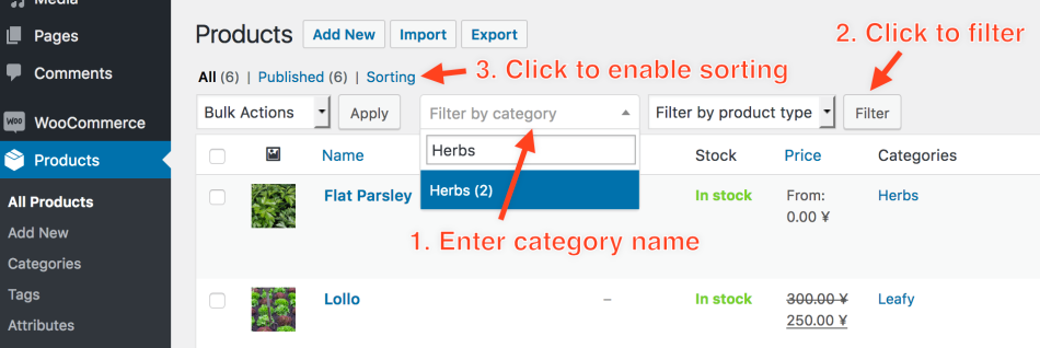 Creating Products in WooCommerce - Manually Sort Products A screenshot showing how to manually sort products in a category, in WooCommerce