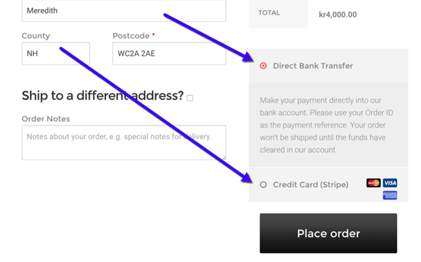 Payment Options - Selling Products in WooCommerce Arrows showing the selection of WooCommerce payment gateways within the checkout, based on location