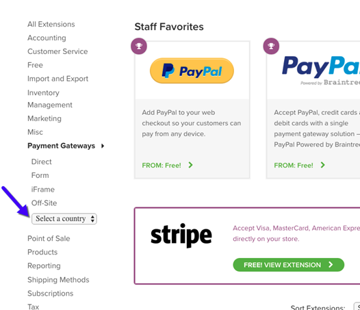 Staff Favourites - Selling Products in WooCommerce A screenshot of payment gateways and an arrow pointing to the country selection box