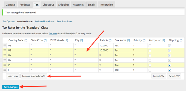 Tax - Selling Products in WooCommerce A screenshot of how to remove taxes from WooCommerce, with an arrow pointing to the selected rows and the remove selected button