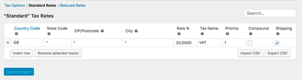 Standard Tax Rates - Selling Products in WooCommerce A screenshot showing WooCommerce