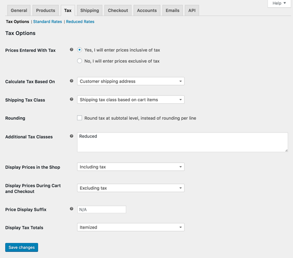 Configuring Options - Selling Products in WooCommerce WooCommerce screenshot showing the configurable options for taxes