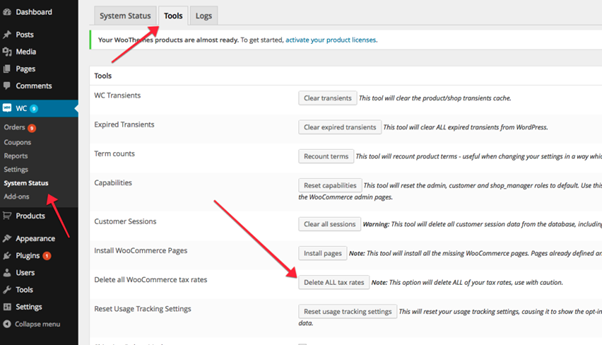 Tool - Selling Products in WooCommerce An image of WooCommerce delete all taxes setting from within the WooCommerce tab