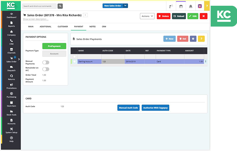 A screenshot of the sales order screen in Khaos Control Cloud