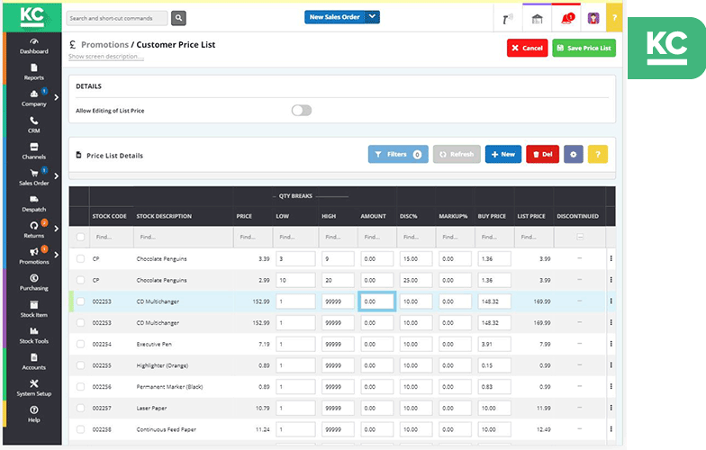 Customer price-list under the promotions tab of Khaos Control Cloud.