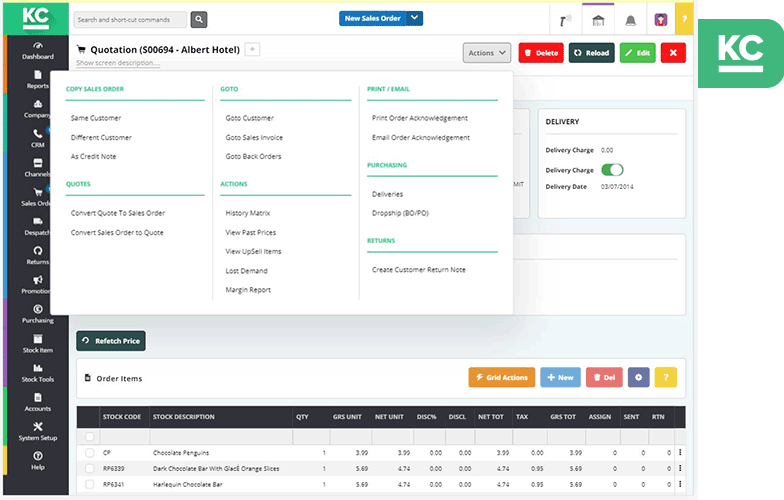 A screenshot showing the quotations screen in Khaos Control Cloud with the actions menu open
