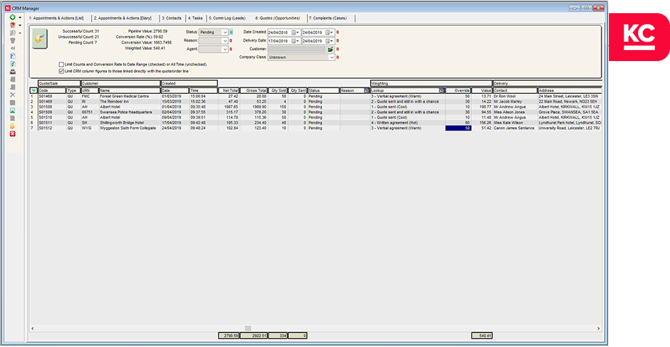 A screenshot showing the quotations screen in Khaos Control