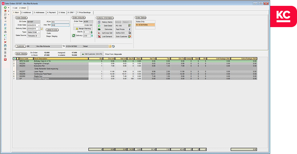 Past sales order information specific to a customer shown within khaos control
