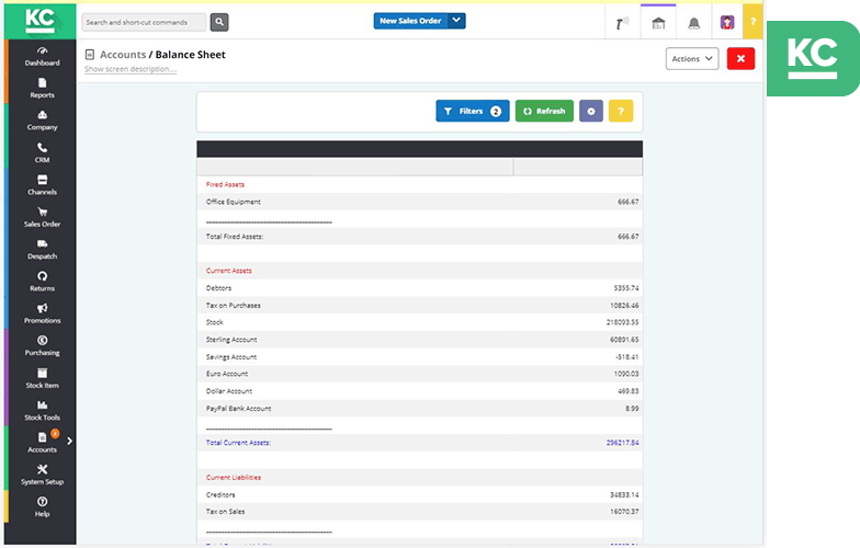 A screenshot of the accounts balance sheet screen in Khaos Control Cloud