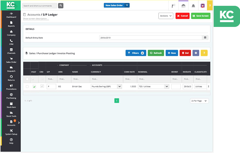 Sales and purchase ledger screen within khaos control cloud