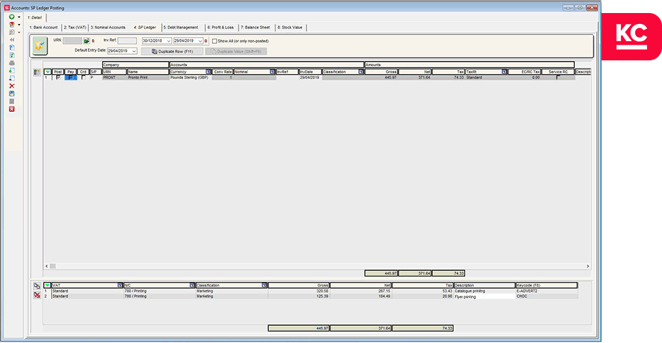 Khaos control system showing account information within the sales and purchase ledger