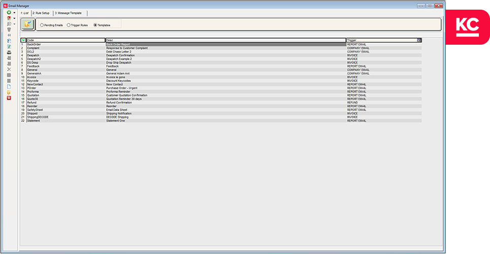 A screenshot of the email manager screen in Khaos Control