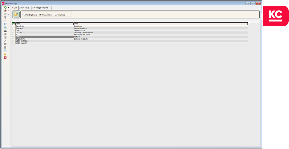 A screenshot of the email manager trigger rules screen in Khaos Control