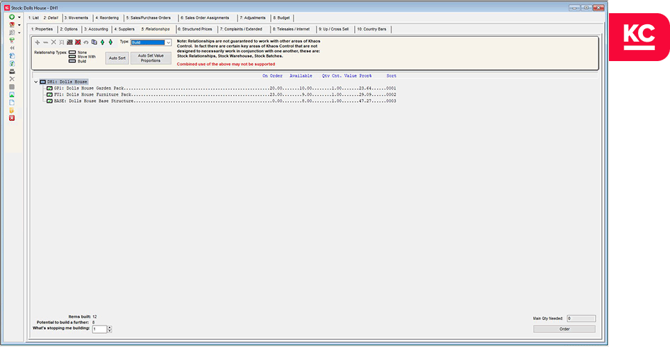 A screenshot of the stock relationships screen in Khaos Control