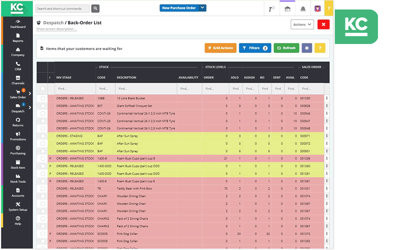 A screenshot of the back order list screen in Khaos Control Cloud