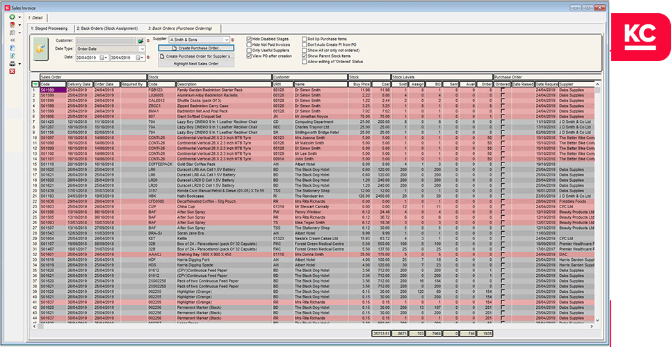 A screenshot of the back order purchase ordering screen in Khaos Control