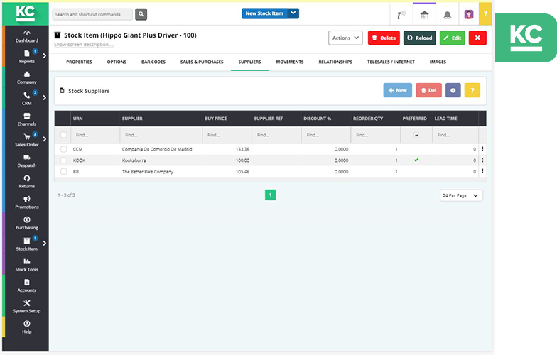 A screenshot of the stock item supplier screen in Khaos Control Cloud