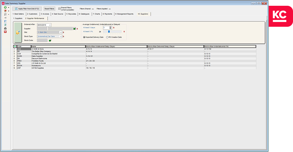 A screenshot of the supplier sales summary screen in Khaos Control