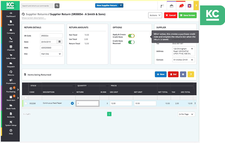 A screenshot of the supplier return details screen in Khaos Control Cloud