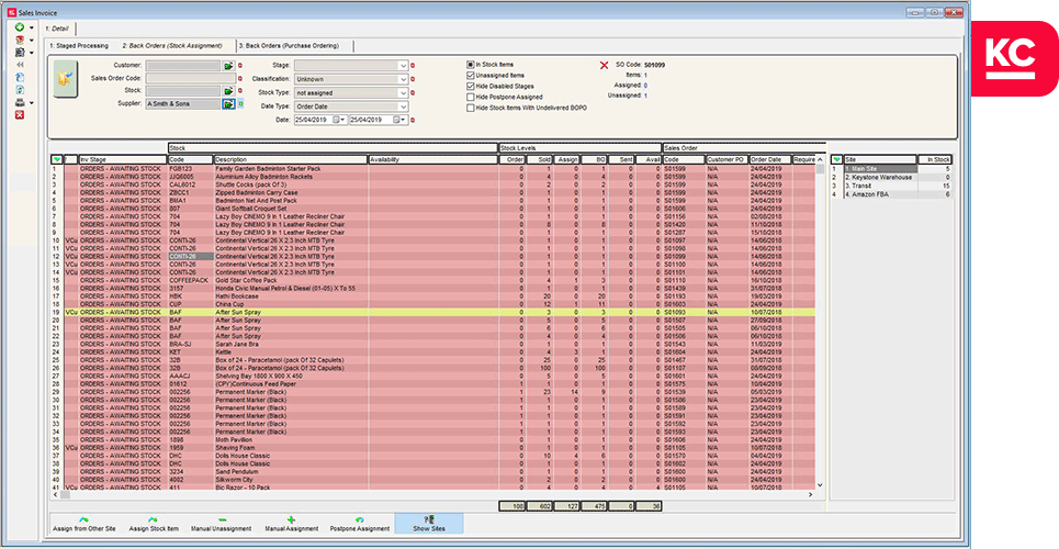 no-lazyload Stock list screen showing the ability to filter by different sites within the system