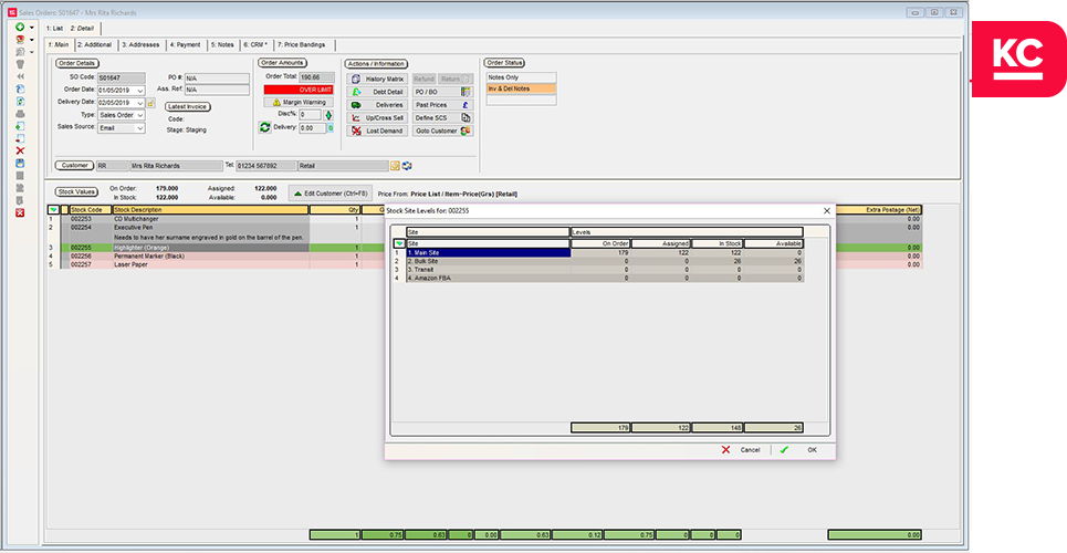 Sales order information lookup with a popup screen showing the site location of the order