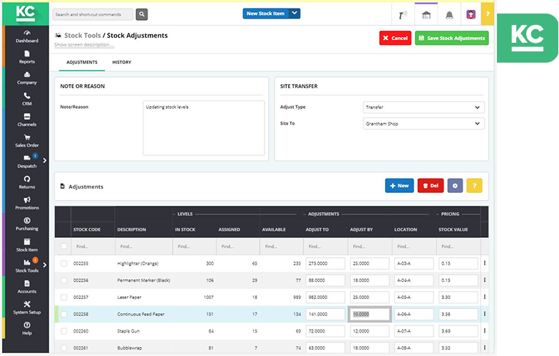 Stock adjustment screen within khaos control cloud