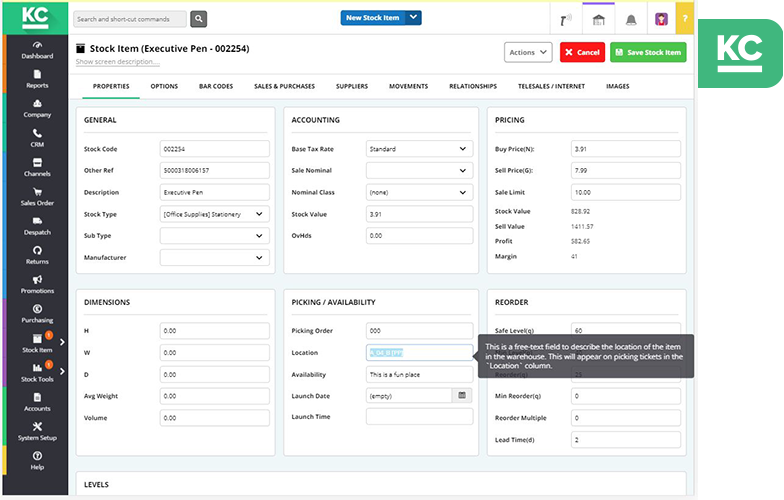 khaos control cloud screen showing stock item information