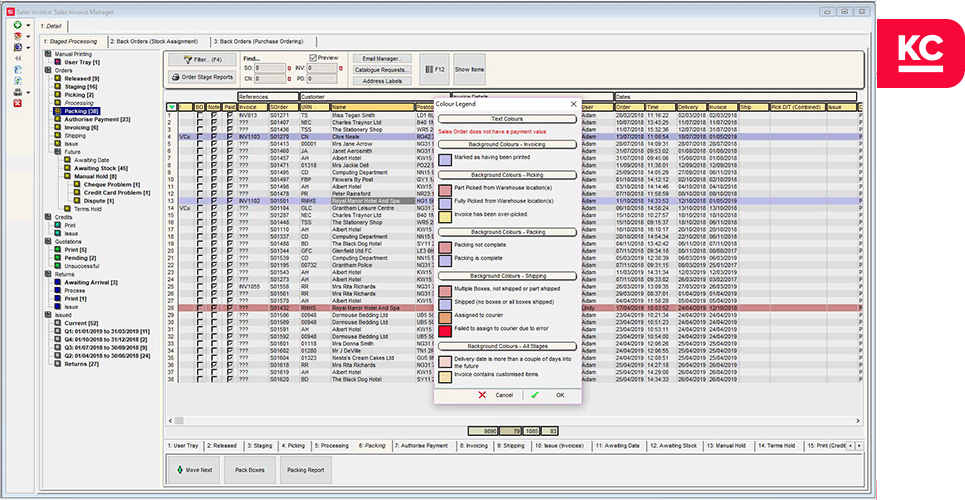 A screenshot of the colour legend popup in the sales invoice manager screen in Khaos Control