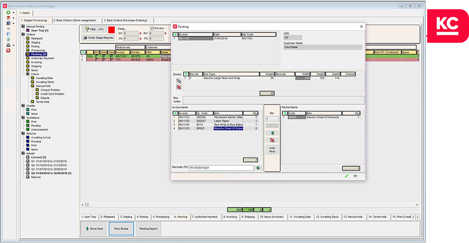 A screenshot of the packing popup in the sales invoice manager screen in Khaos Control