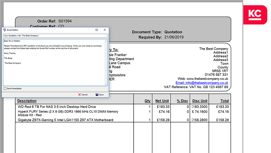 A screenshot of an invoice email with the Khaos Control email editor popup over it