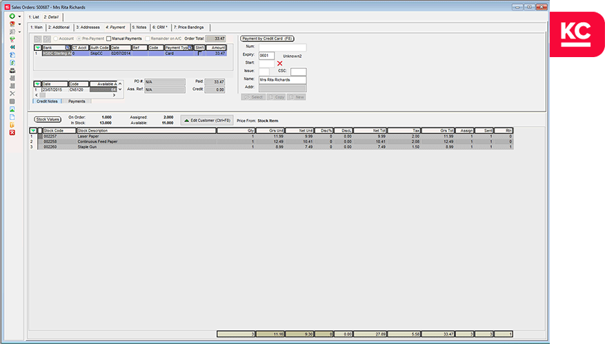 Sales order screen within the system
