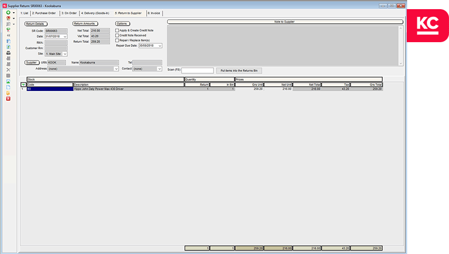 A screenshot of the supplier return details screen in Khaos Control