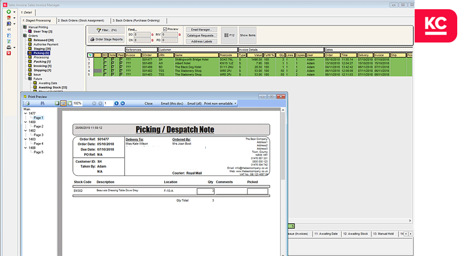 Picking/despatch notes formed from Khaos Control.