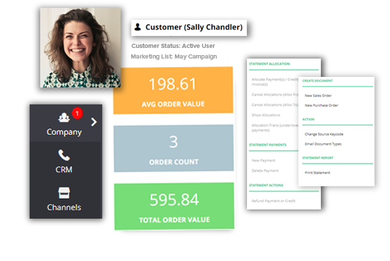 Various parts of the Khaos Control Cloud interface related to customer records, including a customer name, photo, and stats about their average order values